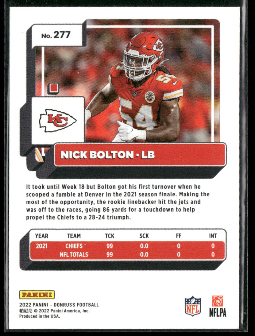 Nick Bolton 2022 Donruss #277 Kansas City Chiefs back