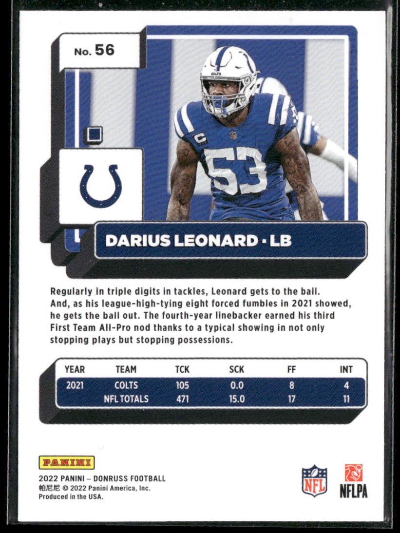 Darius Leonard 2022 Donruss #56 Indianapolis Colts back