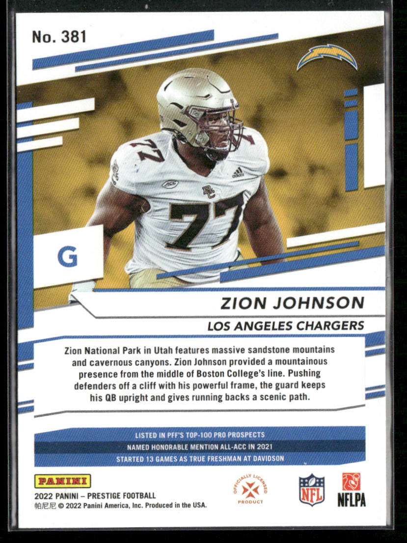 Zion Johnson 2022 Panini Prestige #381 RC Los Angeles Chargers