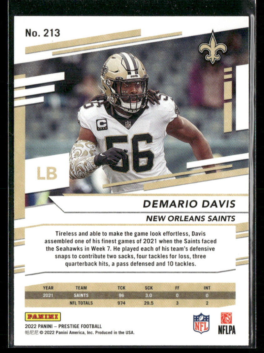 Demario Davis 2022 Panini Prestige #213 New Orleans Saints back