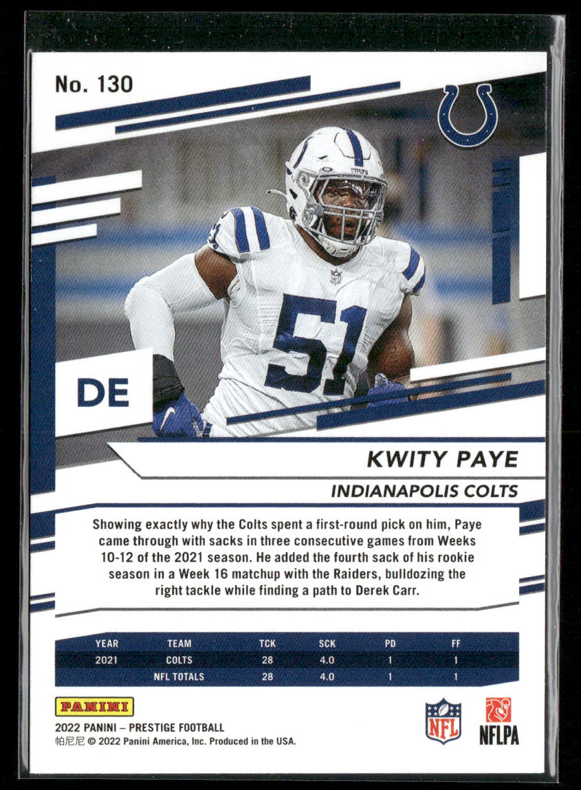 Kwity Paye 2022 Panini Prestige #130 Indianapolis Colts back