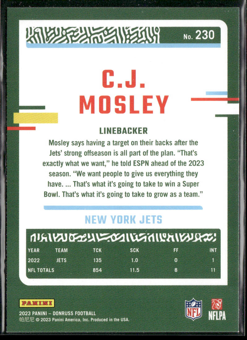 C.J. Mosley 2023 Donruss #230 New York Jets back
