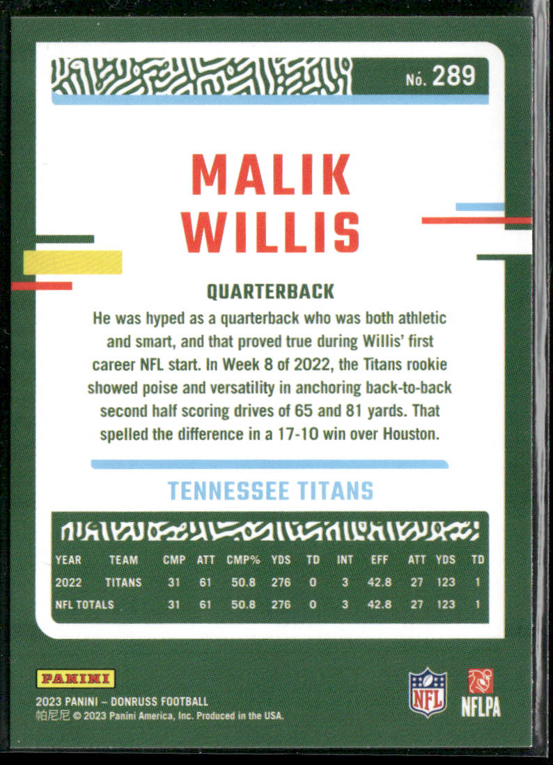 Malik Willis 2023 Donruss #289 Tennessee Titans