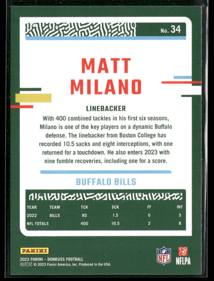 Matt Milano 2023 Donruss #34 Buffalo Bills