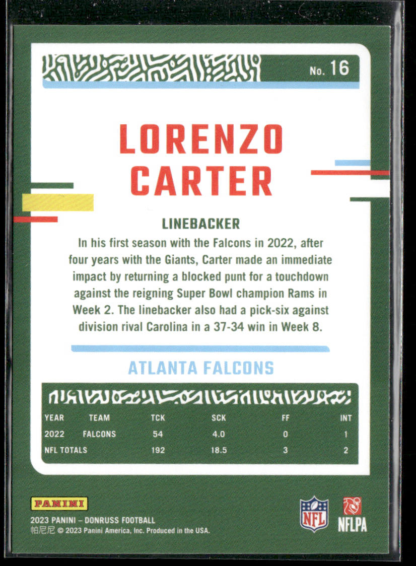 Lorenzo Carter 2023 Donruss #16 Atlanta Falcons back