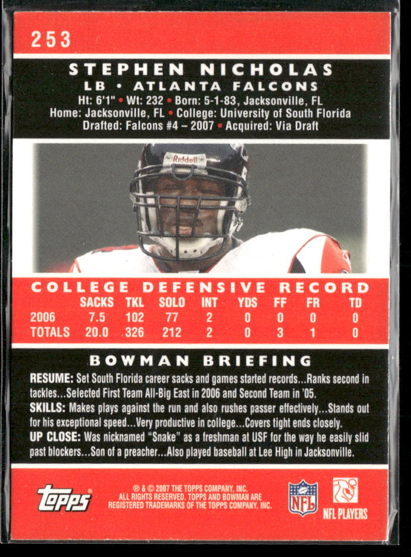 Stephen Nicholas 2007 Bowman #253 RC Atlanta Falcons