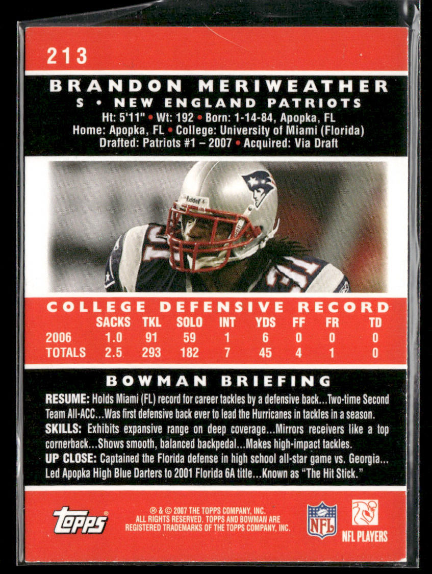 Brandon Meriweather 2007 Bowman #213 RC New England Patriots