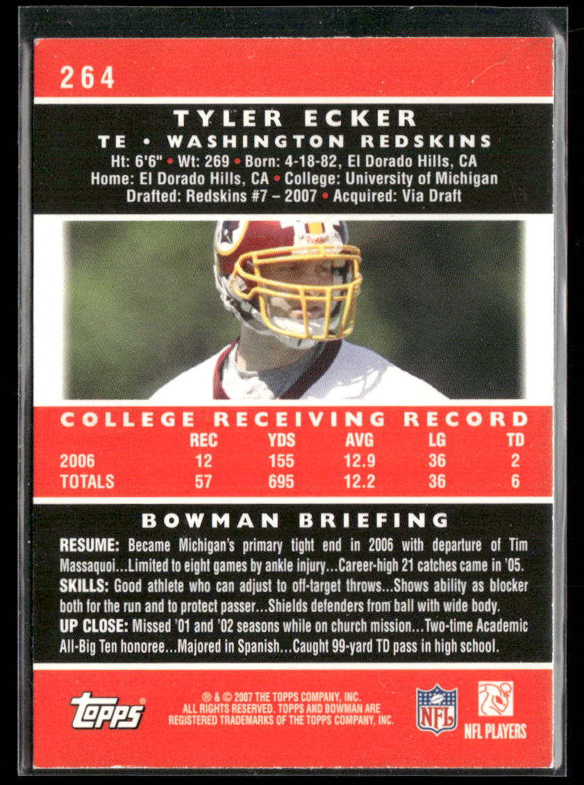 Tyler Ecker 2007 Bowman #264 RC Washington Redskins