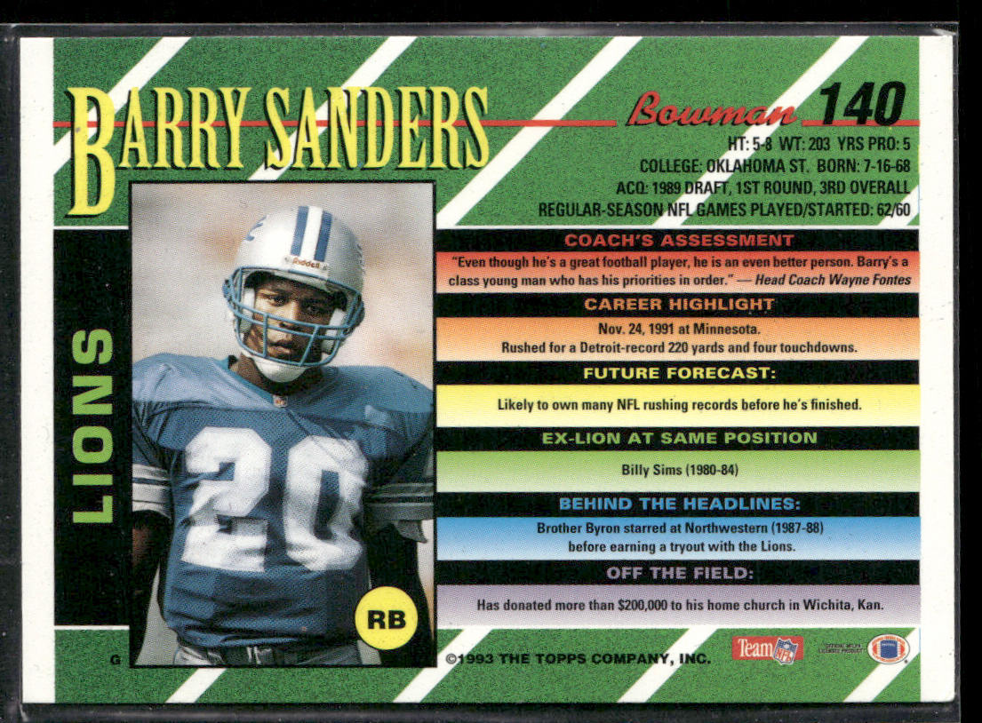 Barry Sanders 1993 Bowman #140 Detroit Lions