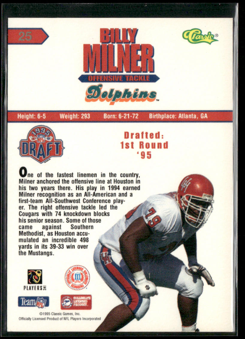 Billy Milner 1995 Classic NFL Rookies #25 Miami Dolphins