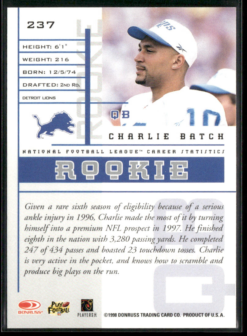 Charlie Batch 1998 Leaf Rookies & Stars #237 RC Detroit Lions