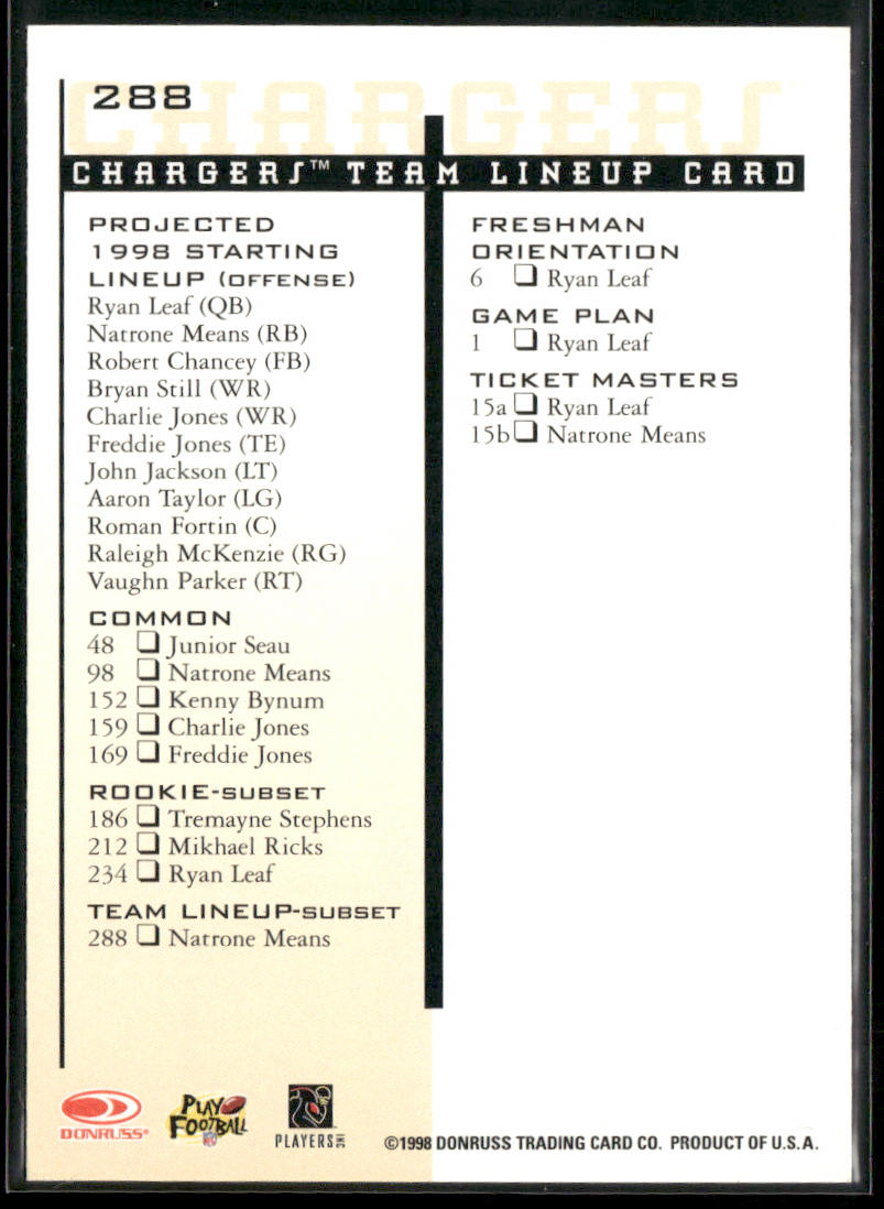 Natrone Means 1998 Leaf Rookies & Stars #288 San Diego Chargers