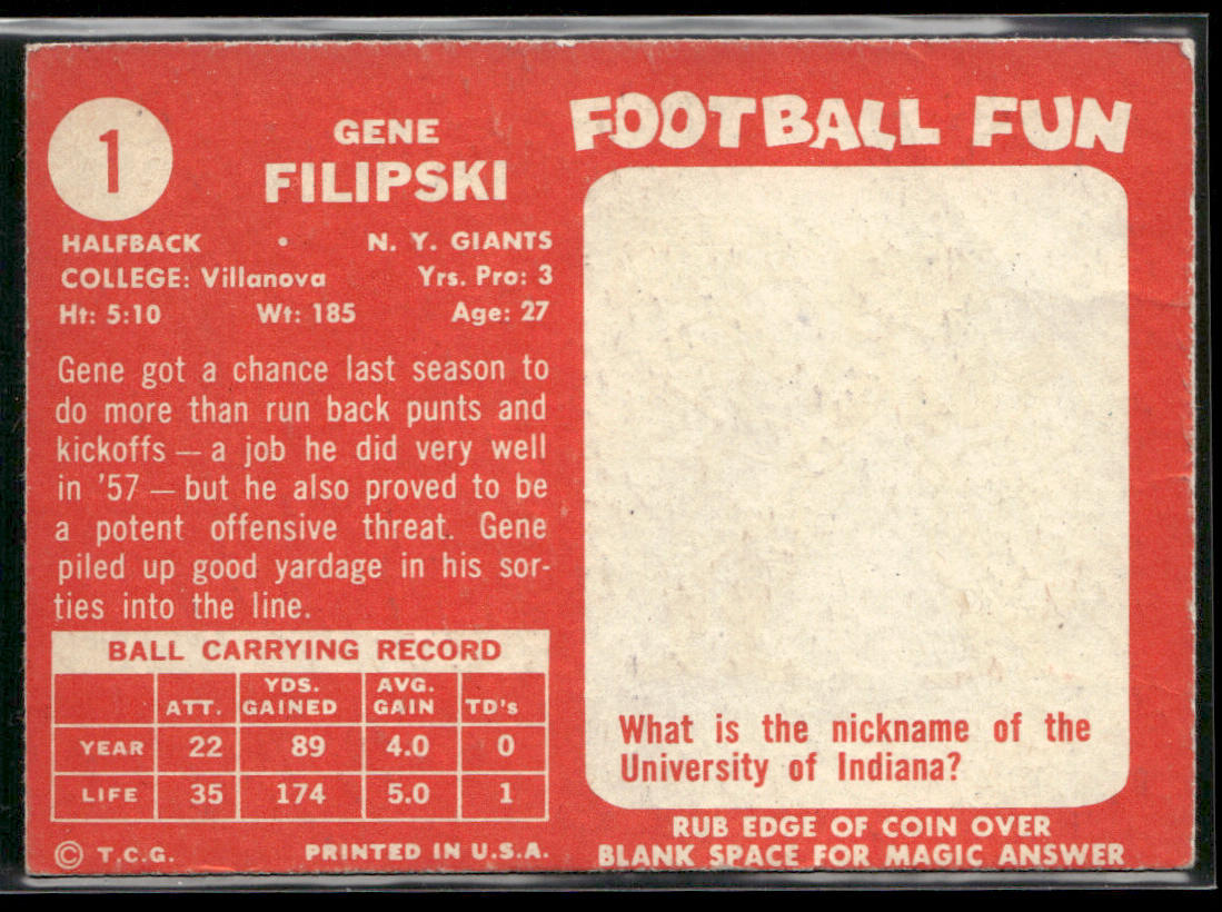 Gene Filipski 1958 Topps #1 RC New York Giants