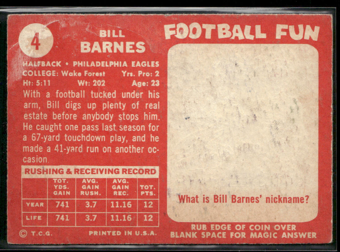 Bill Barnes 1958 Topps #4 RC Philadelphia Eagles