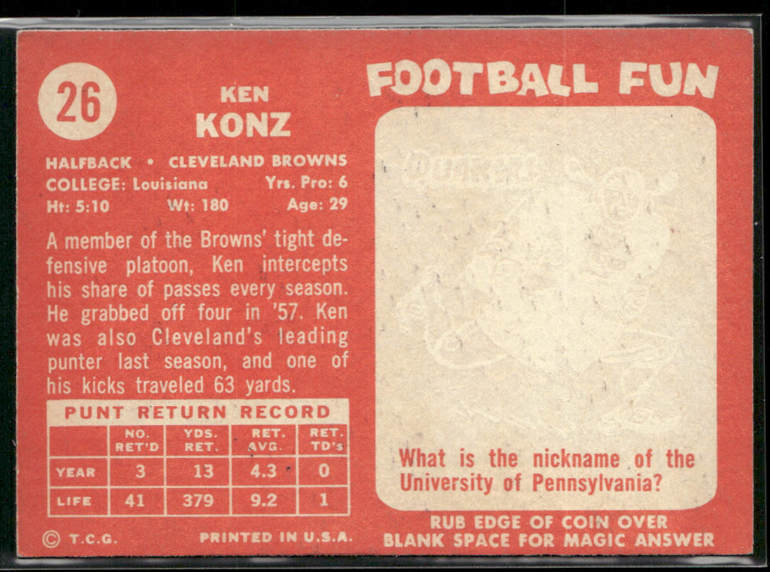 Ken Konz 1958 Topps #26 Cleveland Browns back