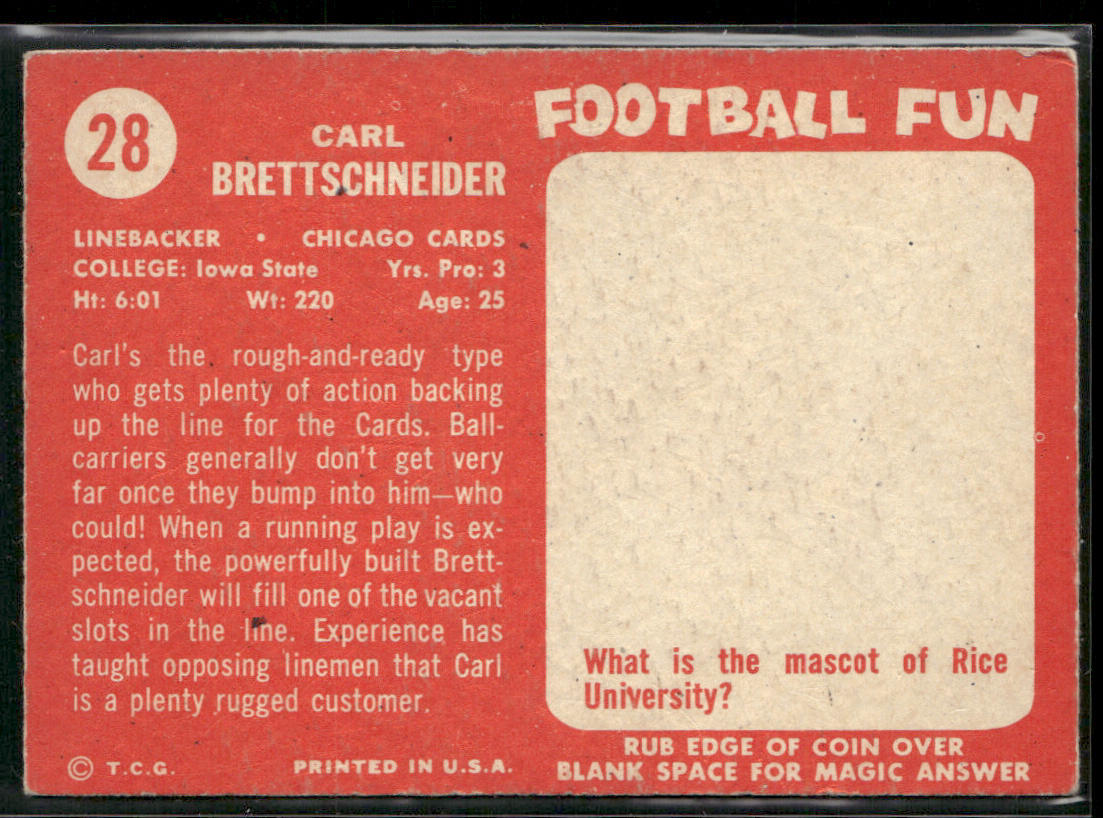 Carl Brettschneider 1958 Topps #28 RC Chicago Cardinals back