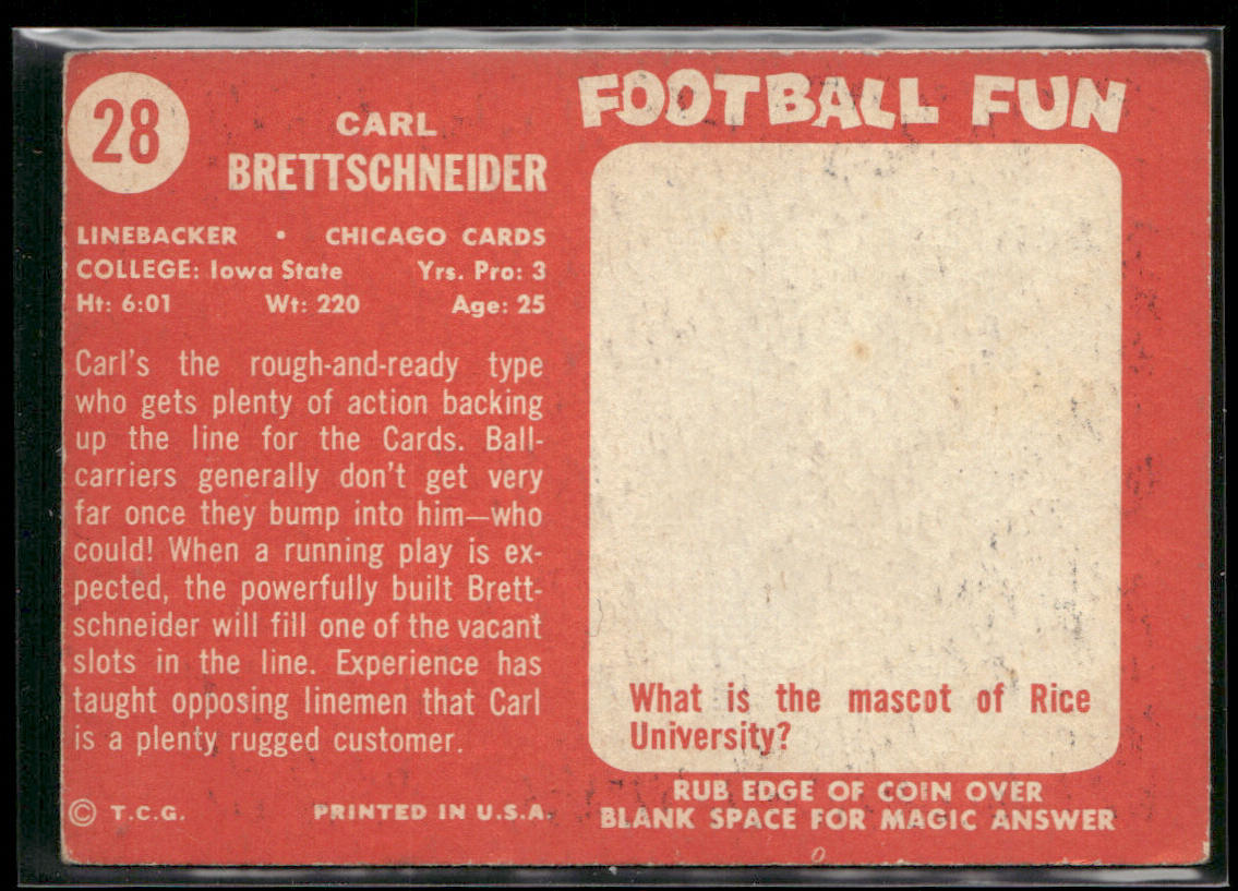 Carl Brettschneider 1958 Topps #28 RC Chicago Cardinals back