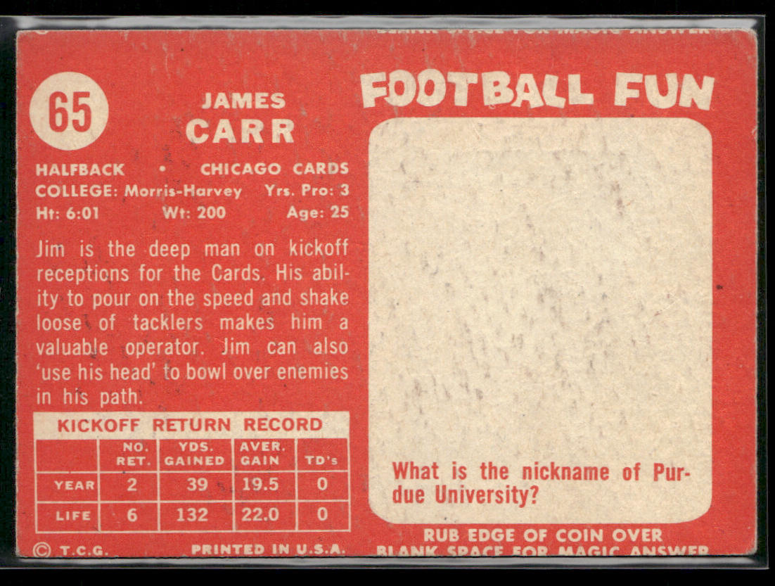 Jimmy Carr 1958 Topps #65 RC Chicago Cardinals