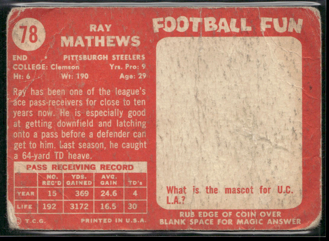 Ray Mathews 1958 Topps #78 Pittsburgh Steelers