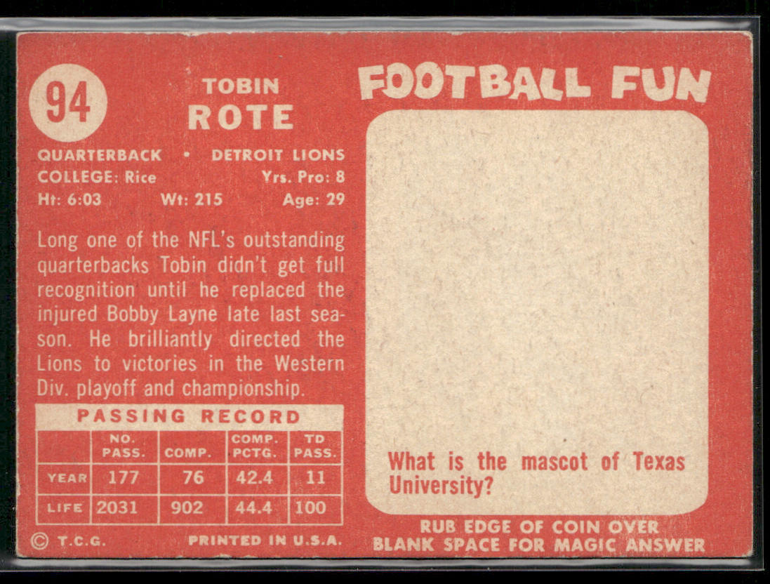 Tobin Rote 1958 Topps #94 Detroit Lions