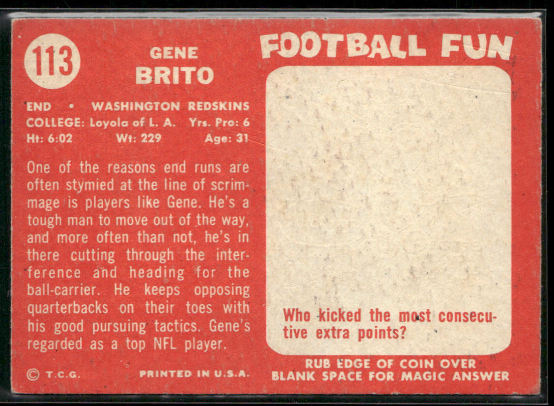 Gene Brito 1958 Topps #113 Washington Redskins