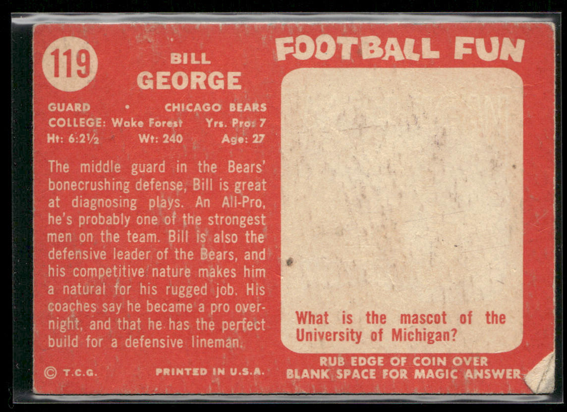 Bill George 1958 Topps #119 Chicago Bears