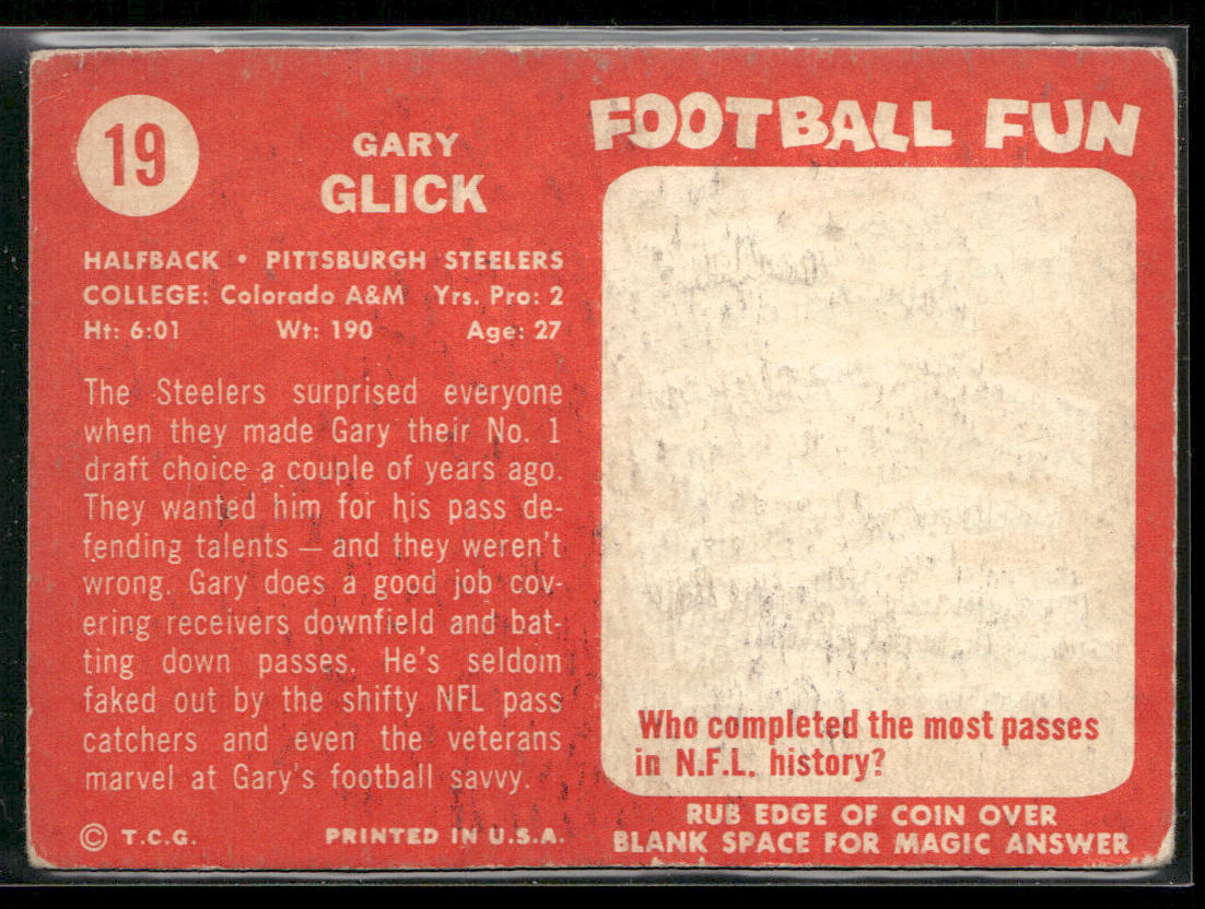Gary Glick 1958 Topps #19 RC Pittsburgh Steelers