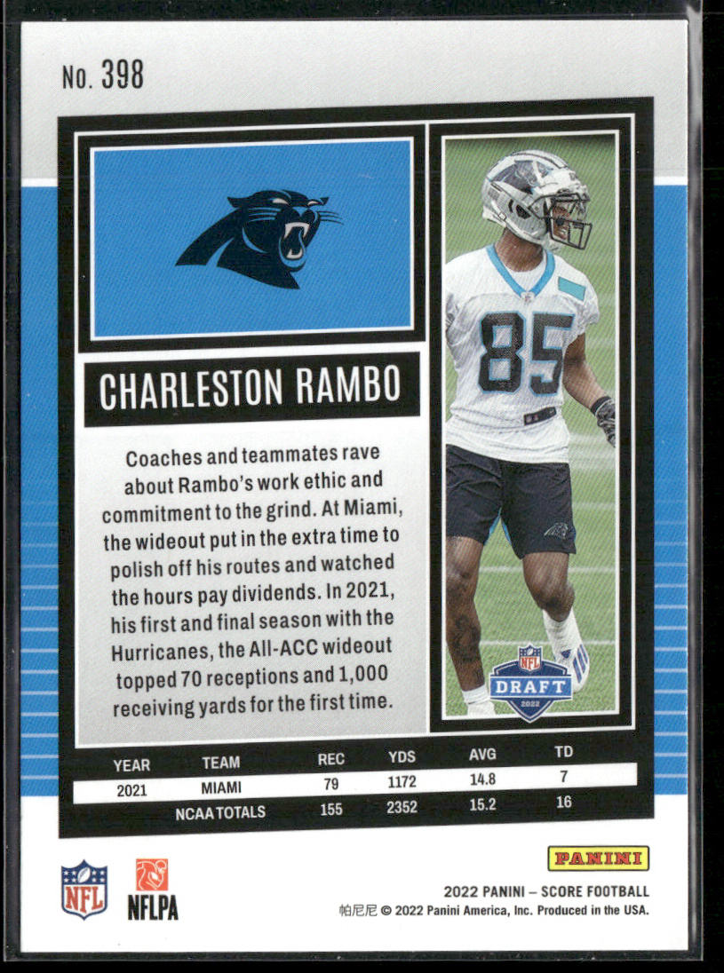 Charleston Rambo 2022 Score #398 RC Carolina Panthers