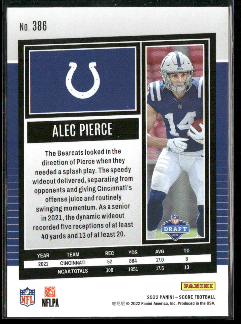 Alec Pierce 2022 Score #386 RC Indianapolis Colts