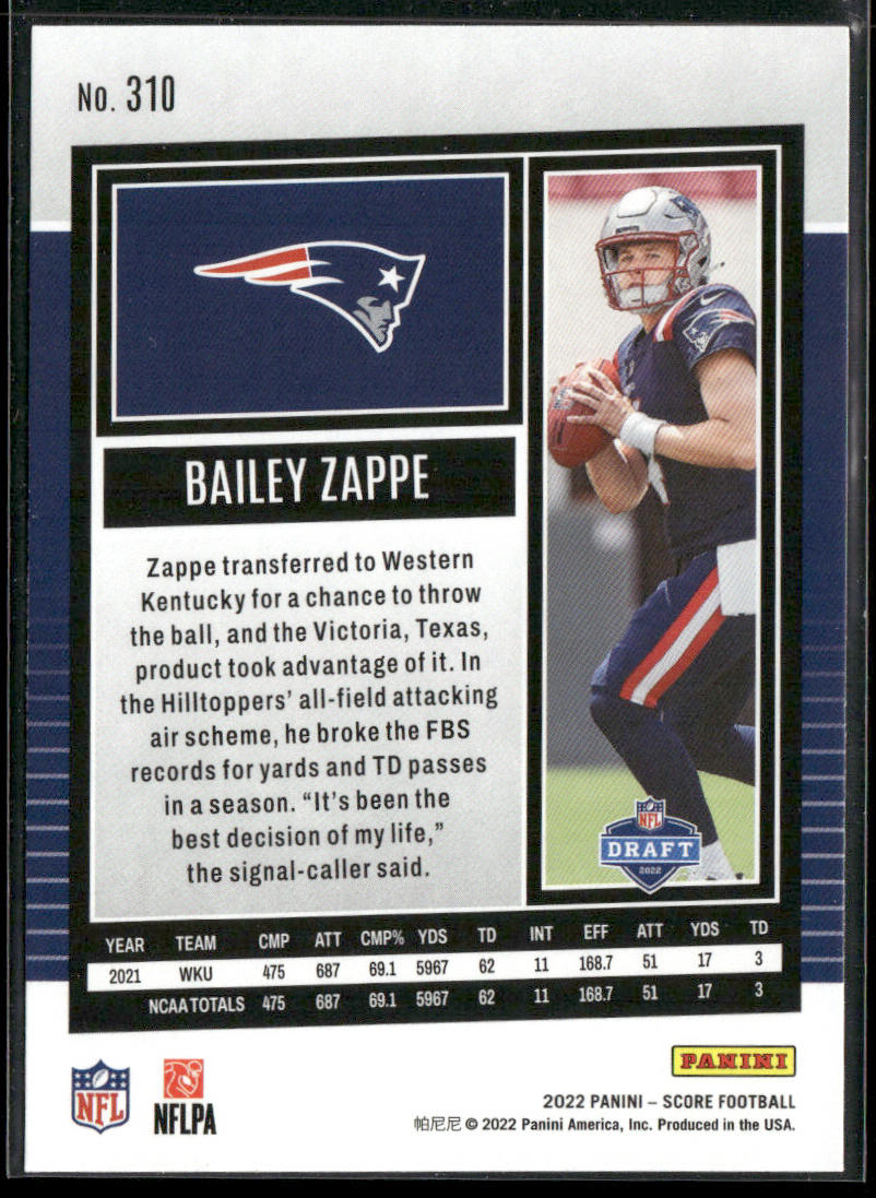 Bailey Zappe 2022 Score #310 RC New England Patriots