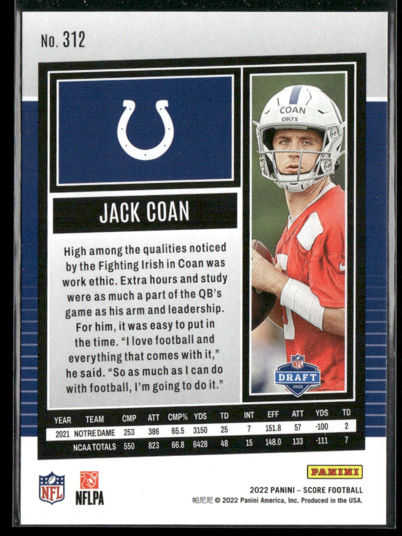 Jack Coan 2022 Score #312 RC Indianapolis Colts