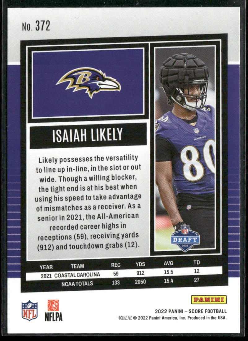 Isaiah Likely 2022 Score #372 RC Baltimore Ravens