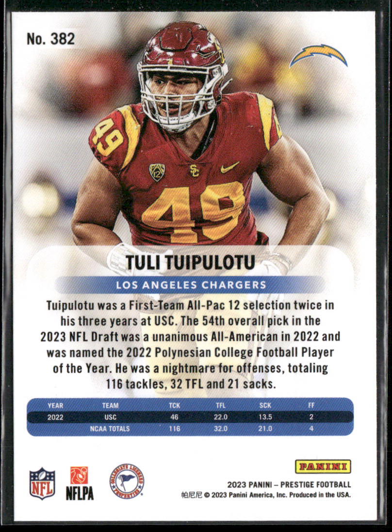 Tuli Tuipulotu 2023 Panini Prestige #382 RC Los Angeles Chargers