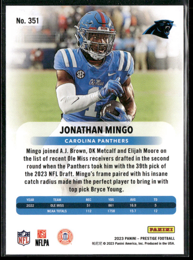 Jonathan Mingo 2023 Panini Prestige #351 RC Carolina Panthers