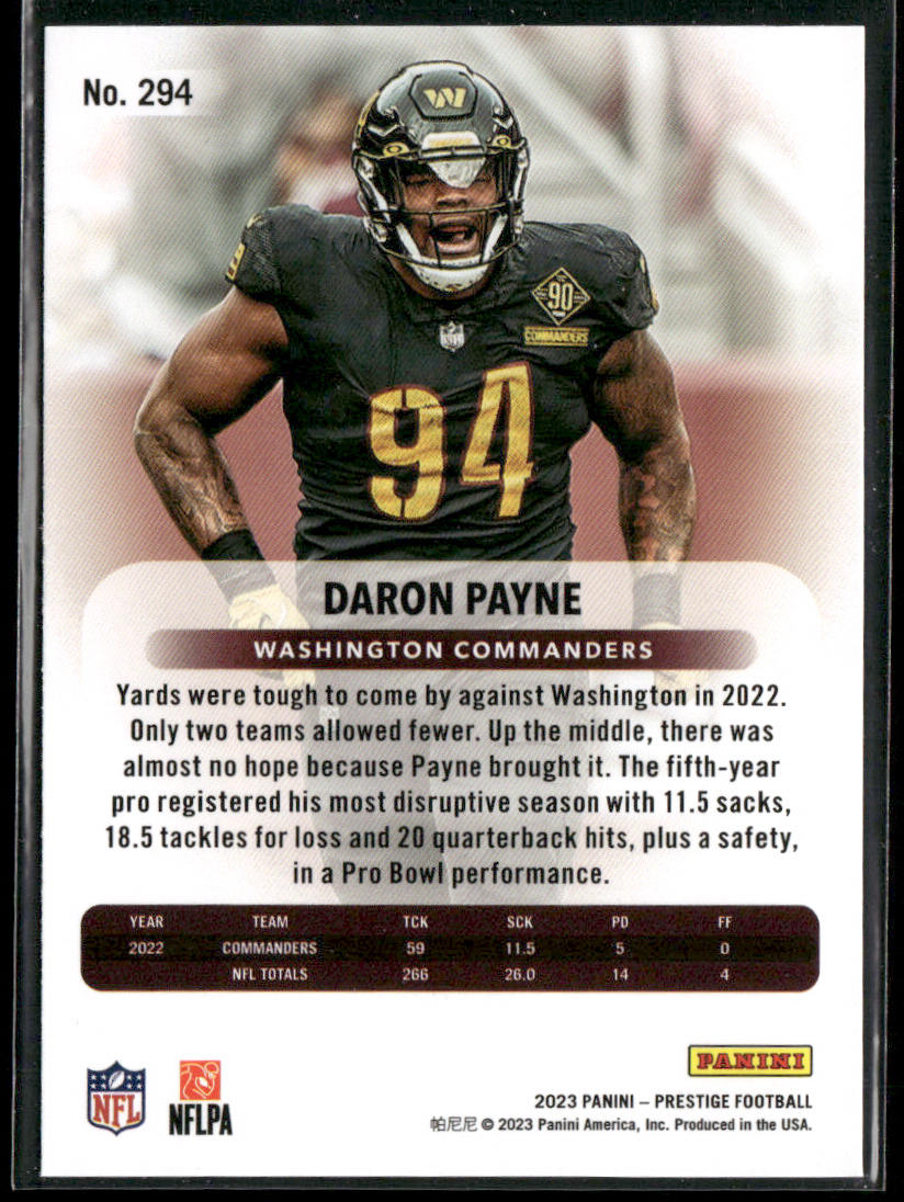 Daron Payne 2023 Panini Prestige #294 Washington Commanders