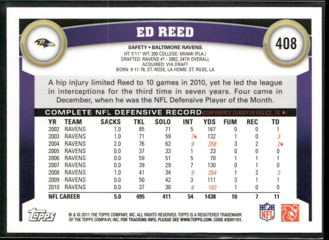 Ed Reed 2011 Topps #408 Baltimore Ravens