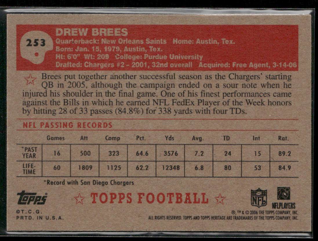 Drew Brees 2006 Topps Heritage #253 New Orleans Saints