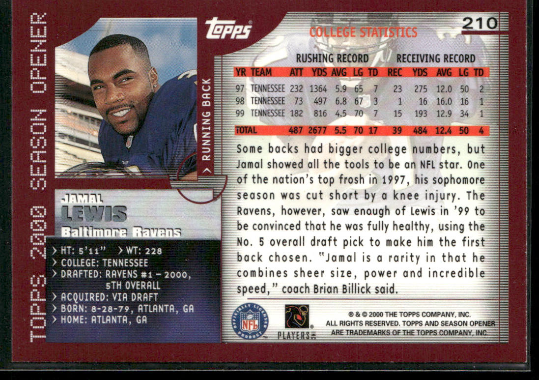 Jamal Lewis 2000 Topps Season Opener #210 RC Baltimore Ravens