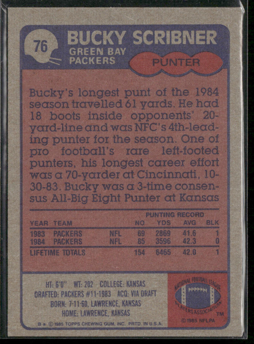 Bucky Scribner 1985 Topps #76 RC Green Bay Packers