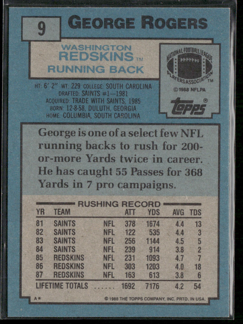 George Rogers 1988 Topps #9 Washington Redskins