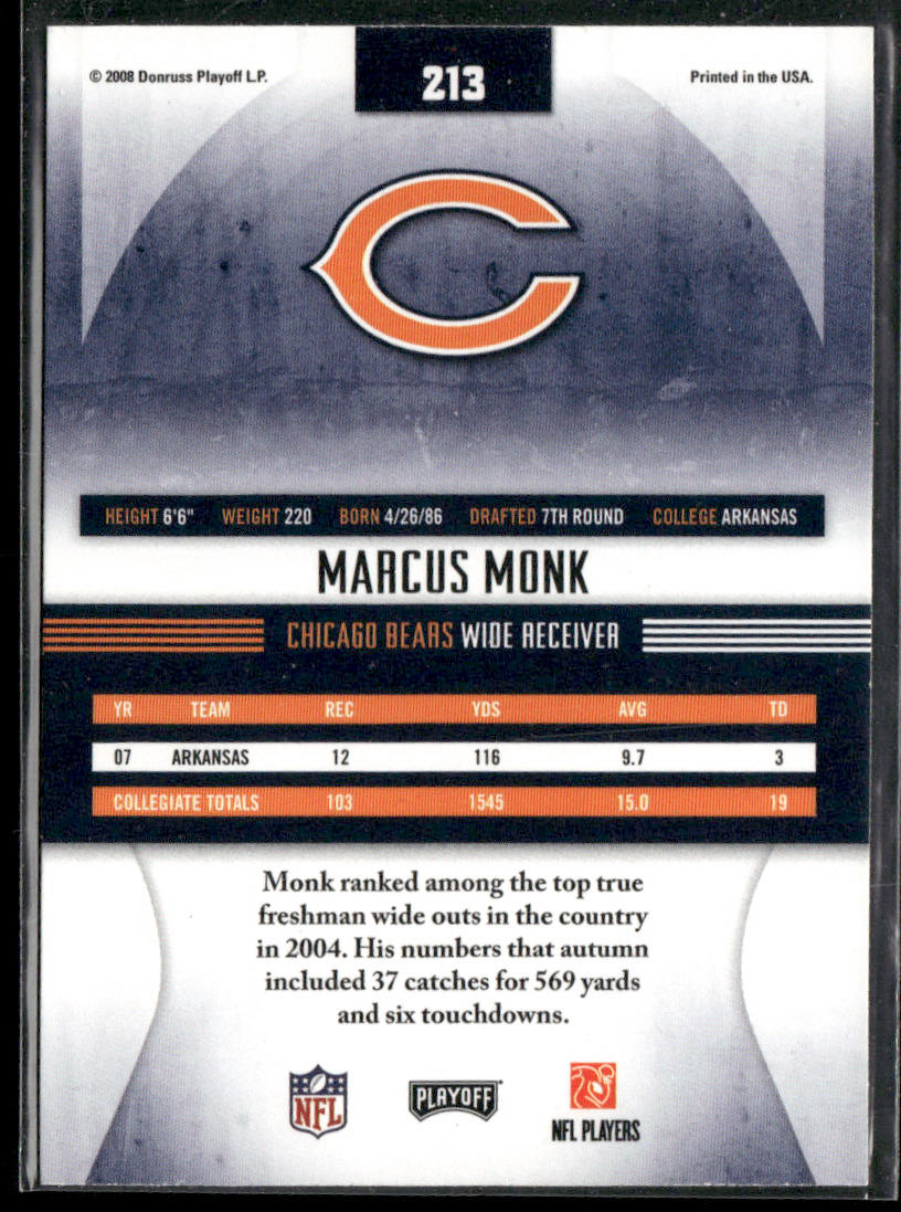 Marcus Monk 2008 Playoff Absolute Memorabilia Spectrum Red #213 RC Chicago Bears