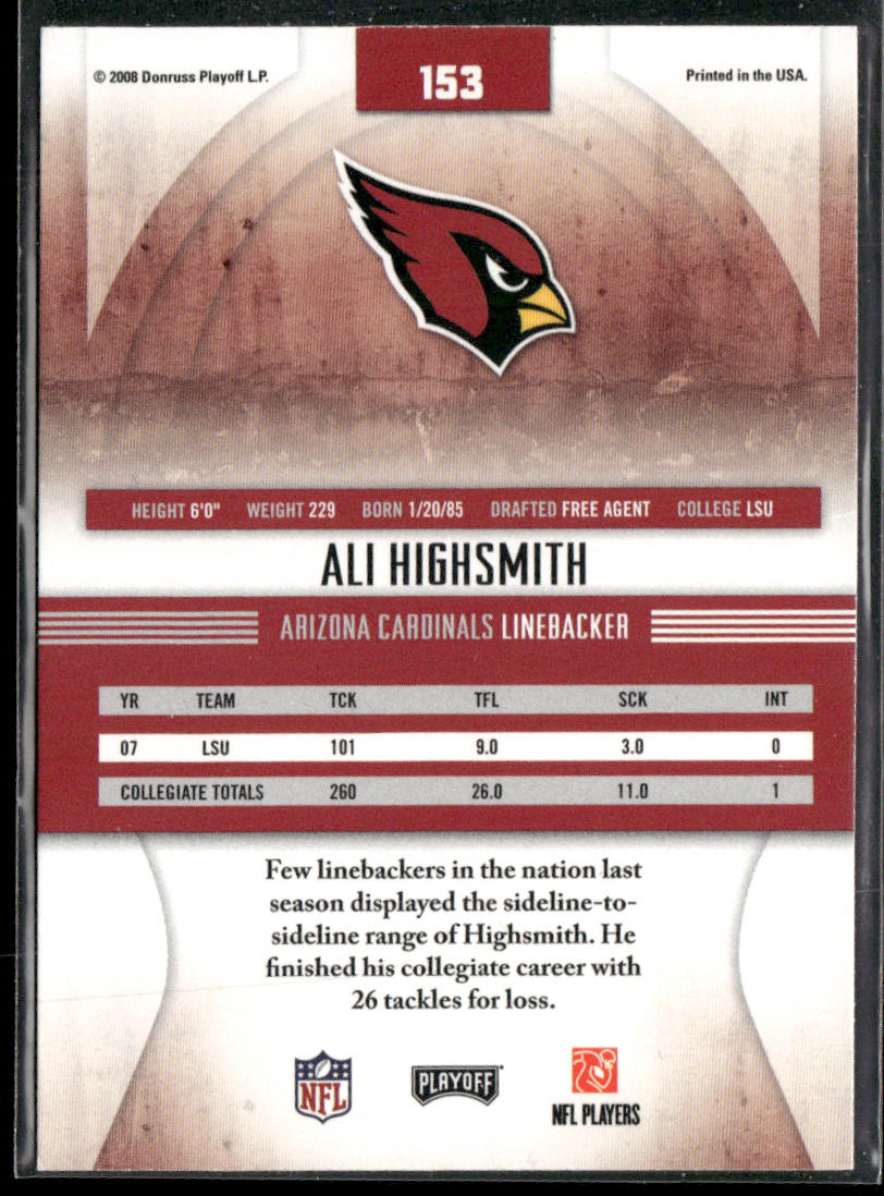 Ali Highsmith 2008 Playoff Absolute Memorabilia Spectrum Red #153 RC Cardinals