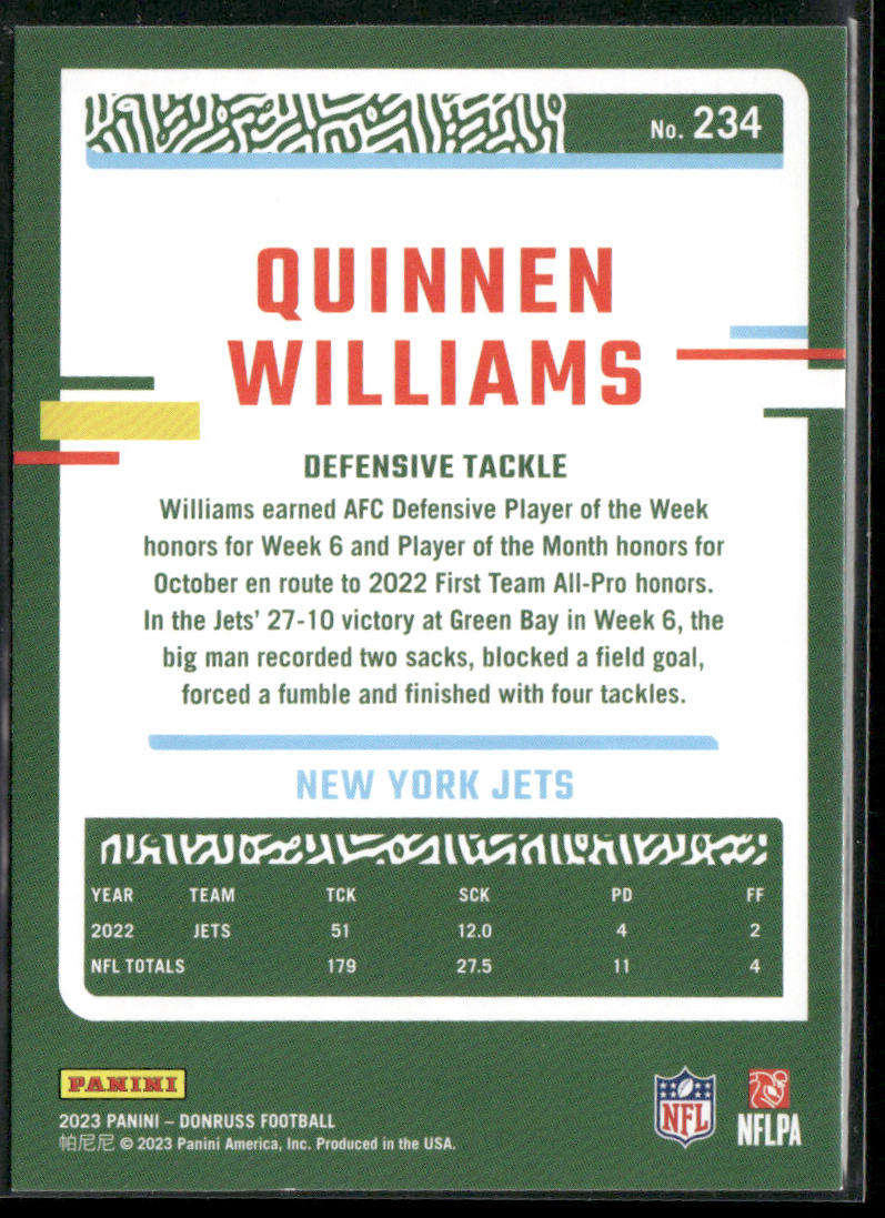 Quinnen Williams 2023 Donruss #234 New York Jets