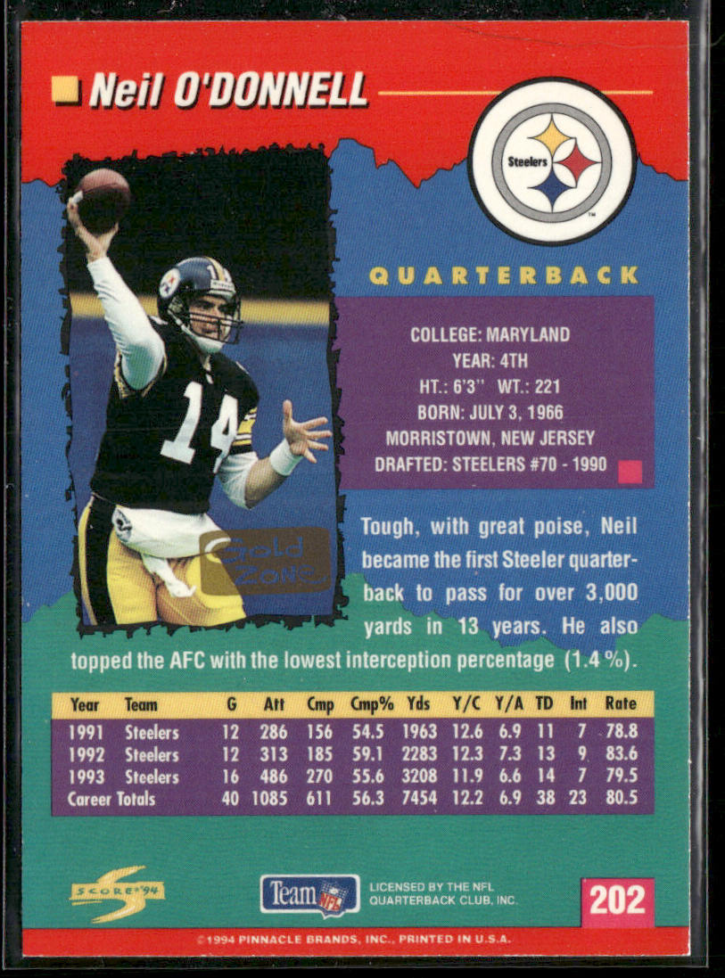 Neil O'Donnell 1994 Score Gold Zone #202 Pittsburgh Steelers
