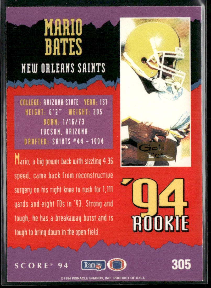 Mario Bates 1994 Score Gold Zone #305 RC New Orleans Saints