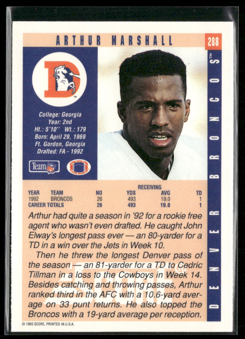 Arthur Marshall 1993 Score #288 RC Denver Broncos