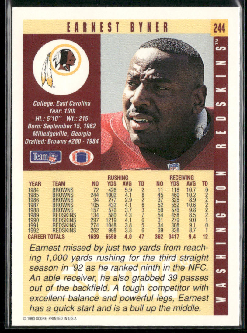 Earnest Byner 1993 Score #244 Washington Redskins