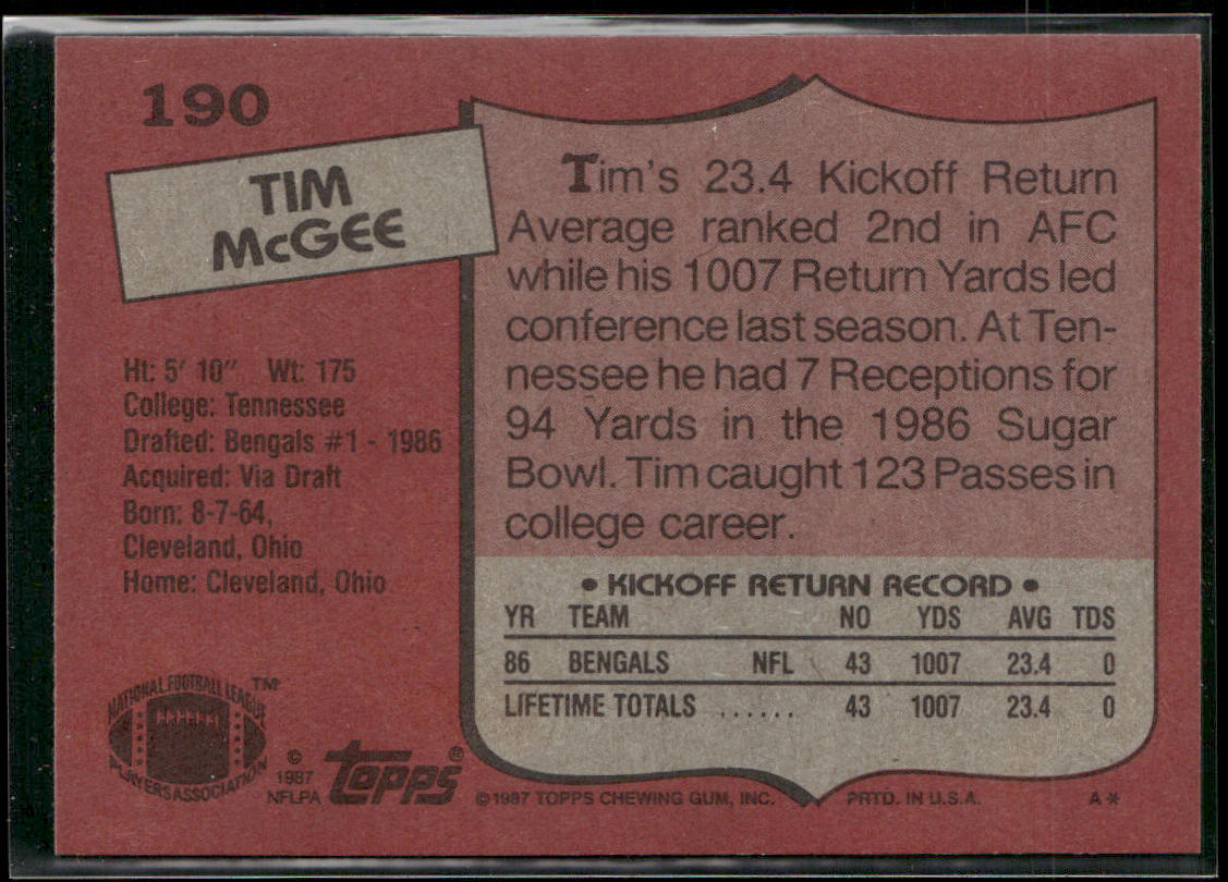 Tim McGee 1987 Topps #190 RC Cincinnati Bengals
