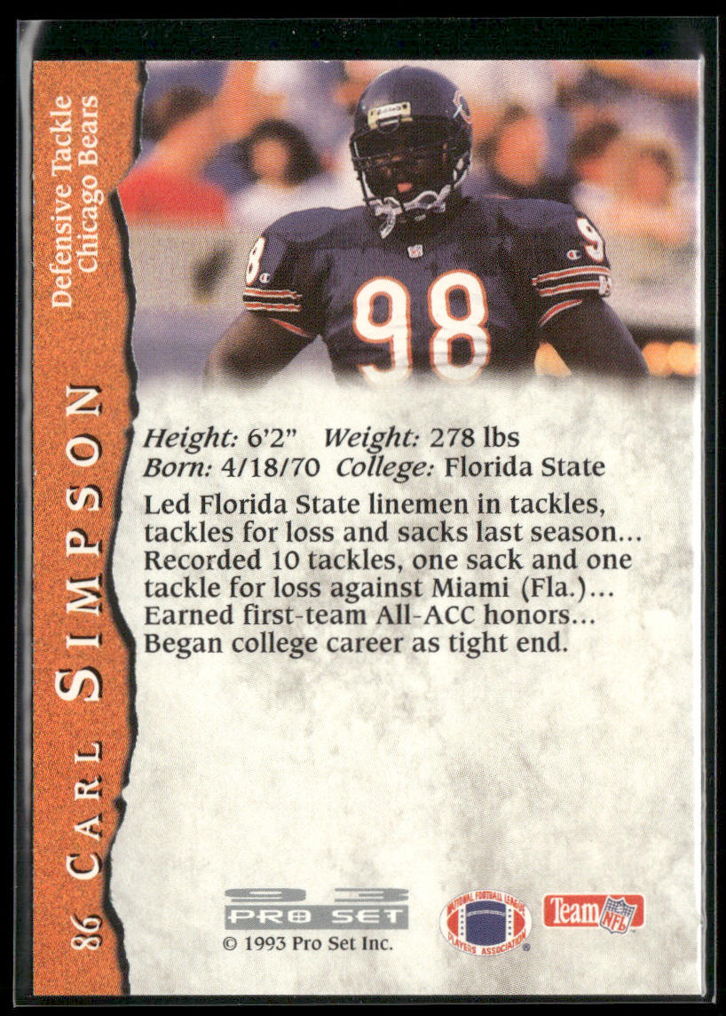 Carl Simpson 1993 Pro Set #86 RC Chicago Bears