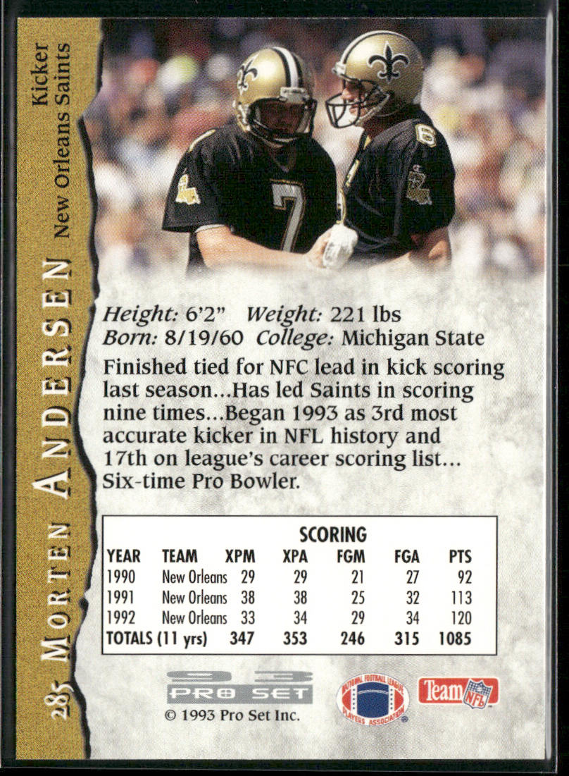 Morten Andersen 1993 Pro Set #285 New Orleans Saints